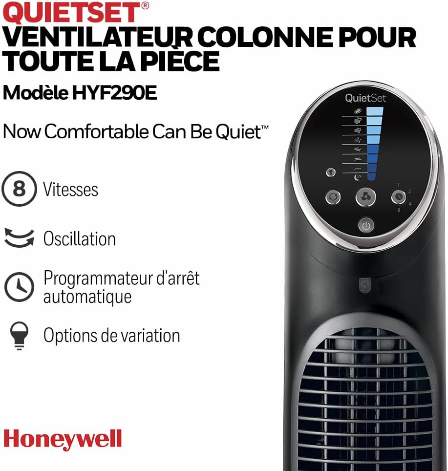 Honeywell HYF290E4 Ventilateur Tour QuietSet Puissant et Ultra Silencieux-avec télécommande-HYF290E, Noir
