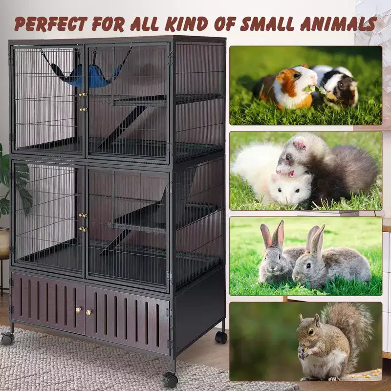 Small Animal Cage, Ferret Cage - 59'' 5-Tier Habitat with Storage Cabinet, Includes Hammock/Wheels/Removable Ramps/Easy-Clean Trays