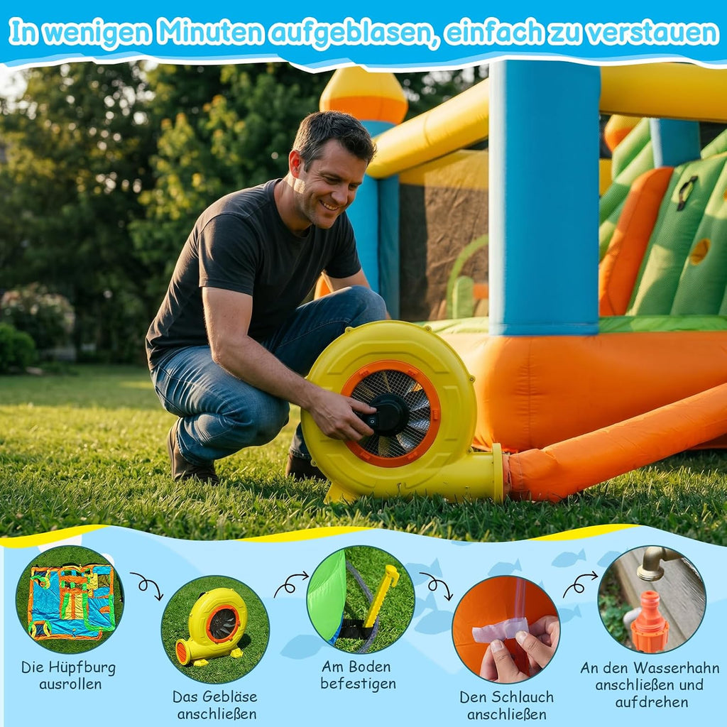 FOOING Grand toboggan aquatique gonflable avec 2 toboggans et pataugeoire pour enfants – Château rebondissant avec deux voies pour les fêtes de jardin et de cour, plaisir d'été en plein air