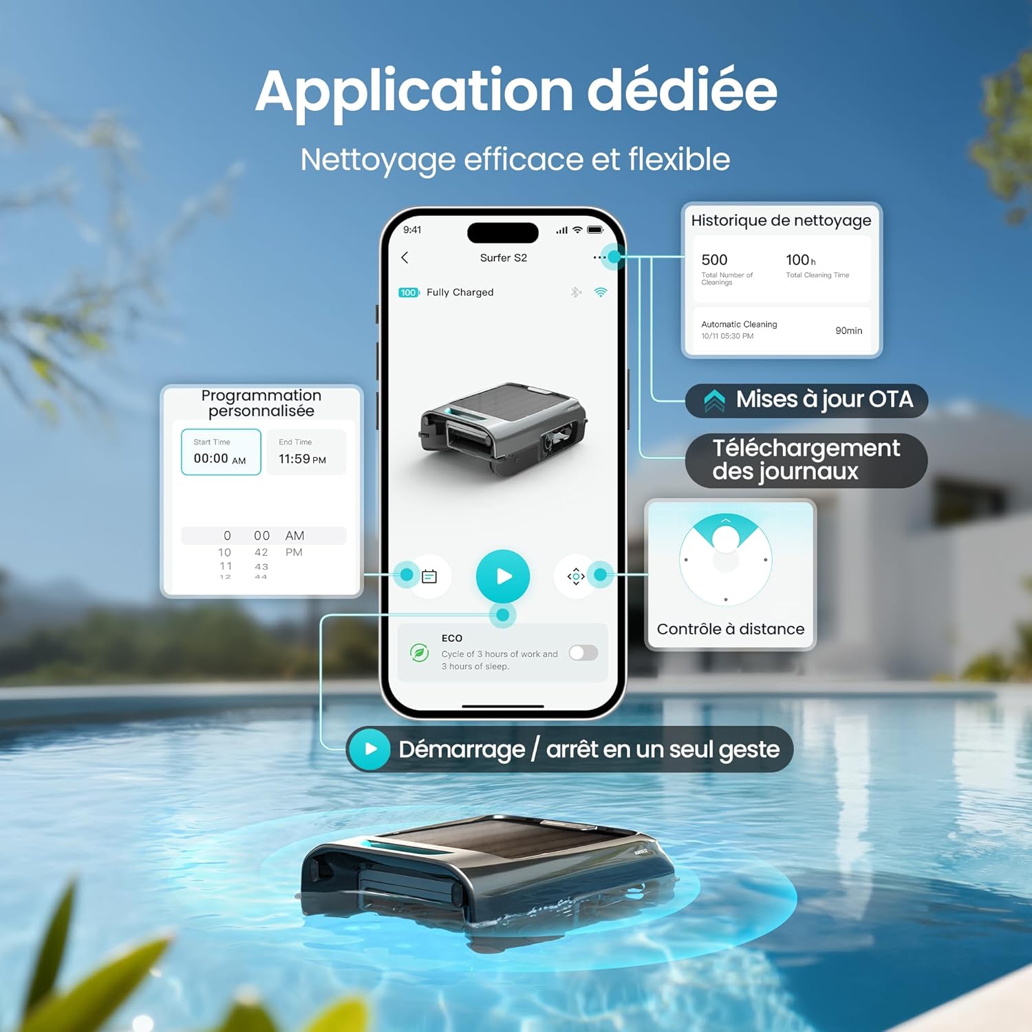 AIPER EcoSurfer S2 Robot Skimmer de Piscine Solaire, Robot Piscine sans Fil avec Application, Nettoyage de Surface 24/7, Charge Solaire & Secteur, Détection Intelligente d'obstacles, Filtre 150 µm