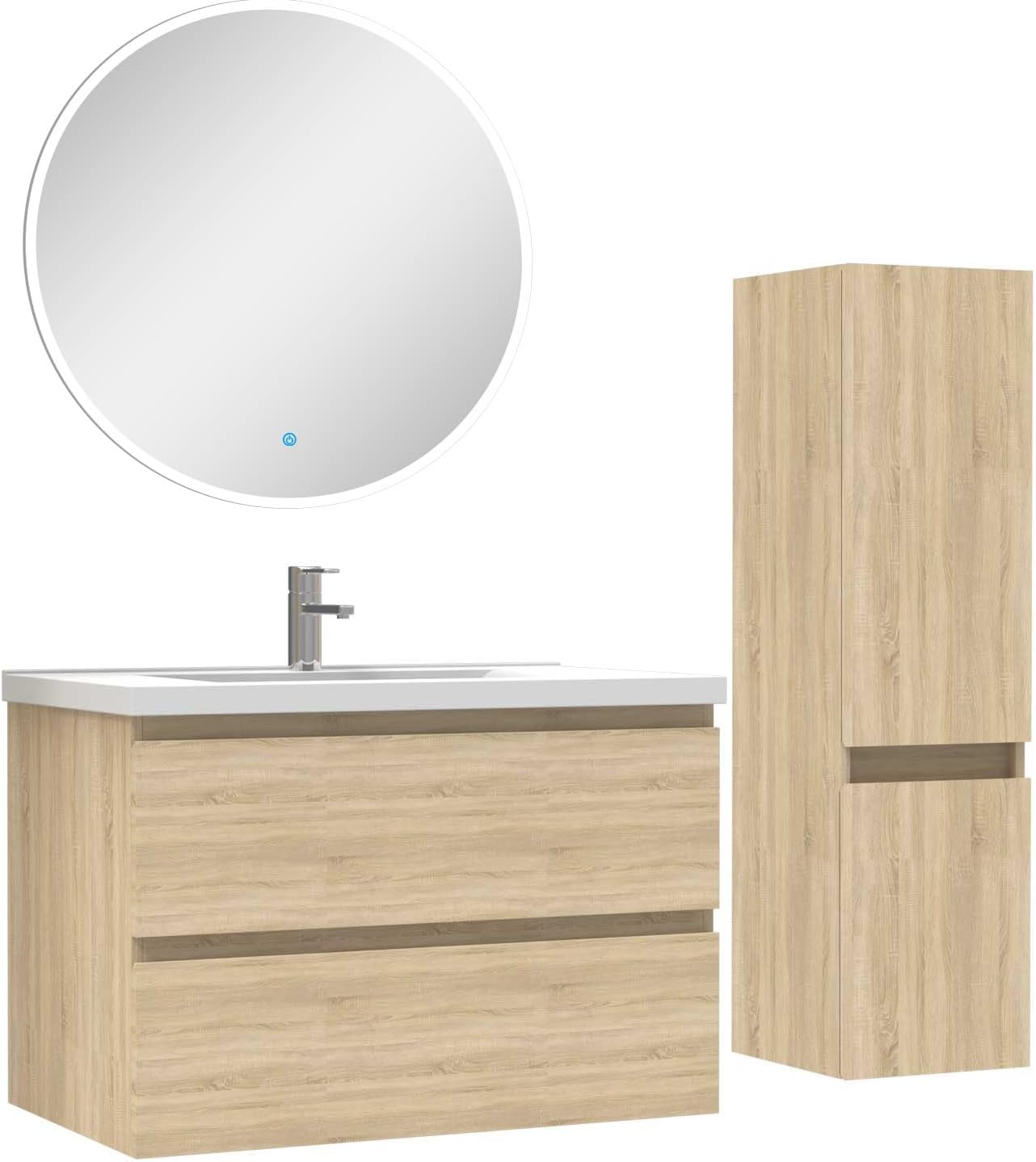 AICA Ensemble Meubles Salle de Bain 80cm Vasque + Colonne + Miroir Rond Lumineux Chêne Wotan