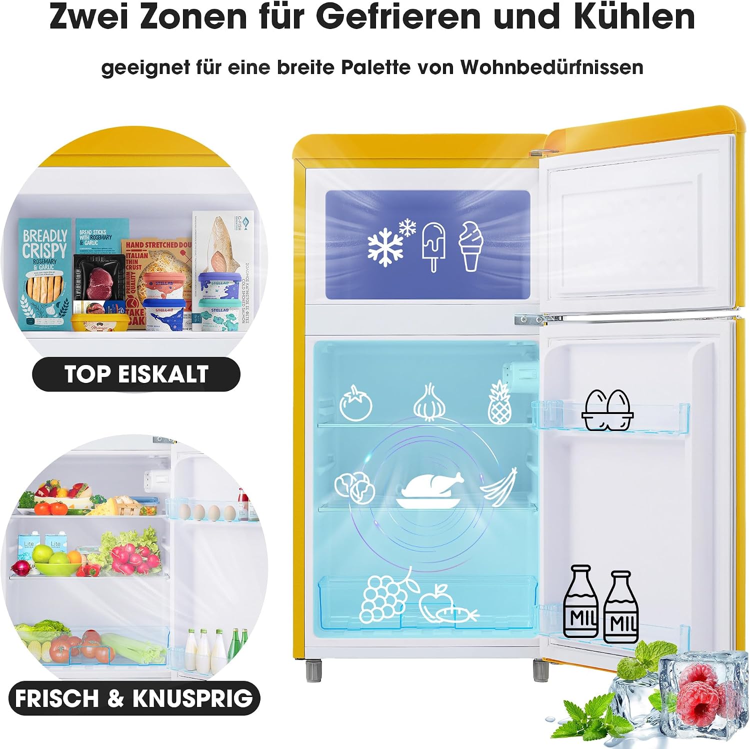 Réfrigérateur-congélateur Style rétro, Deux Portes, capacité Totale de 72 litres, Compartiment congélateur de 21 litres, consommation énergétique de 120 kWh/an, éclairage LED Yellow