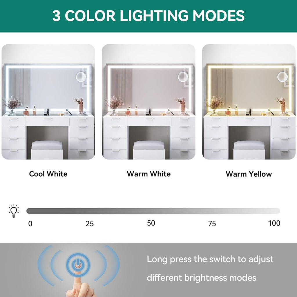 Grande Coiffeuse avec éclairage LED réglable et Prises électriques, Coiffeuse avec Miroir, Toit en Verre Transparent, 11 tiroirs et Tabouret, Blanc
