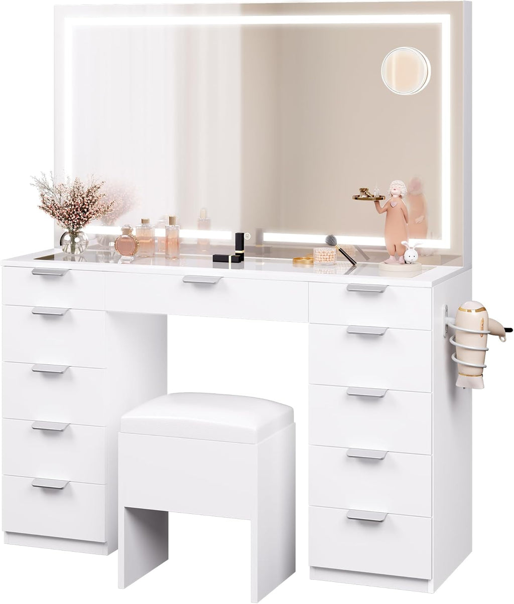 Grande Coiffeuse avec éclairage LED réglable et Prises électriques, Coiffeuse avec Miroir, Toit en Verre Transparent, 11 tiroirs et Tabouret, Blanc