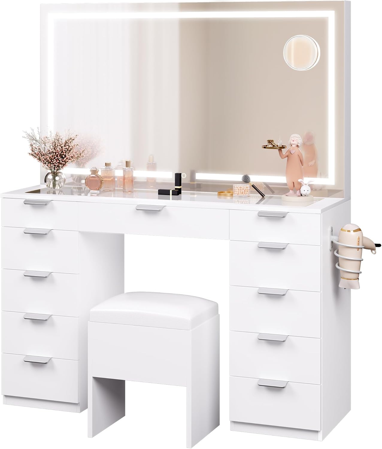 Grande Coiffeuse avec éclairage LED réglable et Prises électriques, Coiffeuse avec Miroir, Toit en Verre Transparent, 11 tiroirs et Tabouret, Blanc