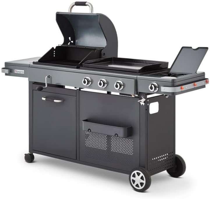 - Barbecue Bi-Energy Gun Metal XL - Barbecue Charbon et Plancha 60 x 42 cm à gaz avec brûleur latéral -12,95 KW