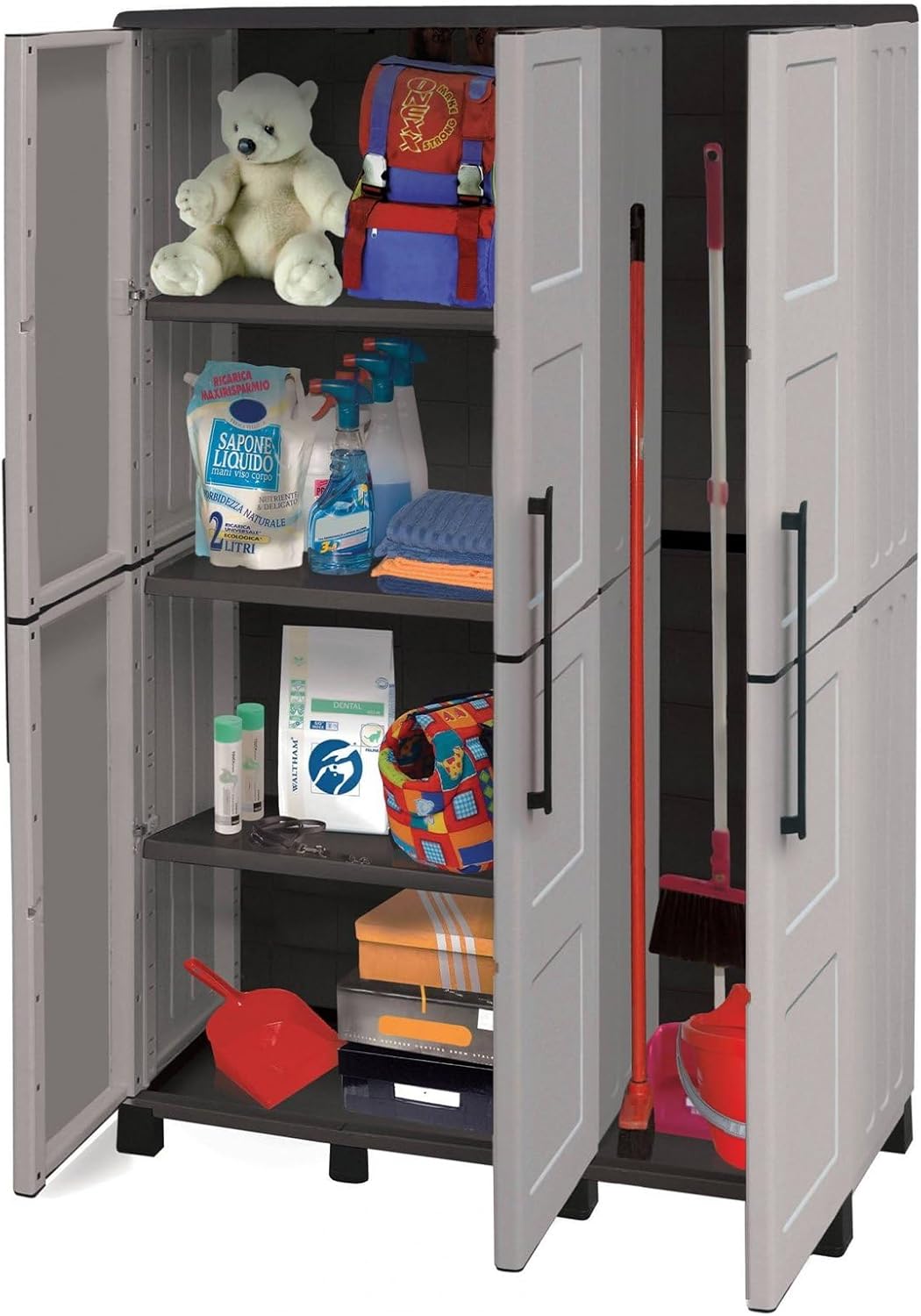 Dmora - Armoire d'extérieur Nandrin, Armoire à balais, Armoire d'extérieur 3 portes, 100% Made in Italy, 102x37h169 cm, Gris clair et noir, Finition damier