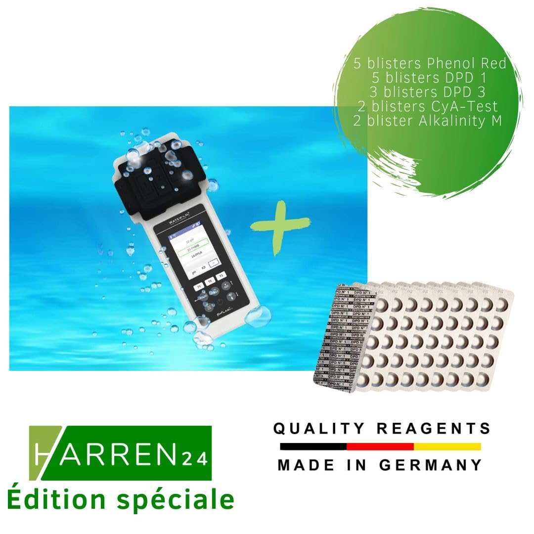 Poollab 2.0 Special Edition - Testeur électronique de piscine (photomètre) - 170 comprimés rouges de phénol pour test de la valeur du pH et du chlore - Accessoires de piscine (avec DPD1,