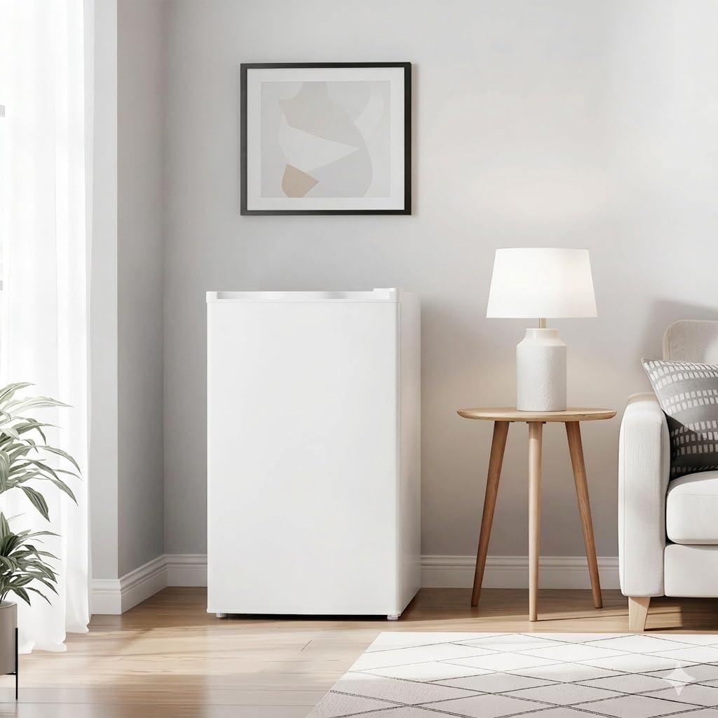 Mini réfrigérateur 90,8 L avec congélateur à porte simple, thermostat à 7 réglages. Économe en énergie et silencieux, modèle compact idéal for bureau, chambre et dortoir, couleur blanche