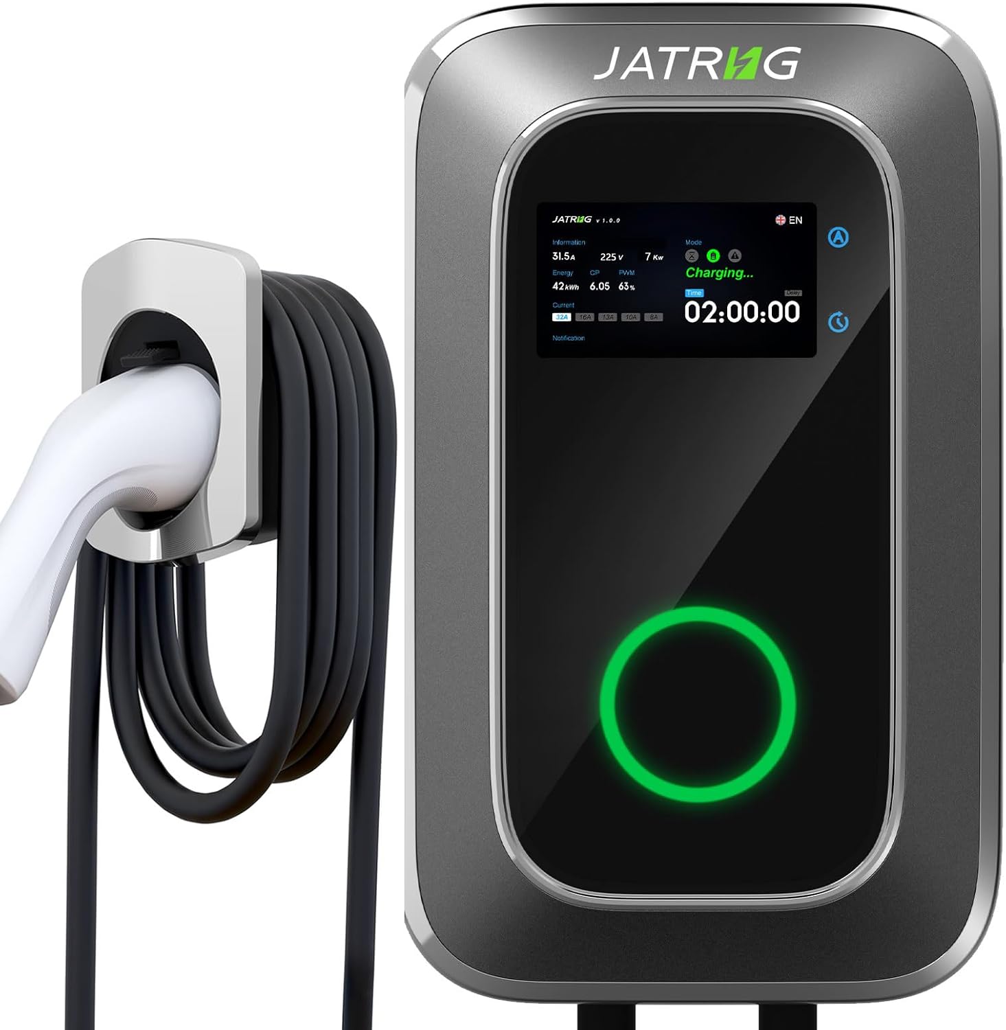 JATRHG S1 Borne de Recharge pour Véhicule Électrique 7kW 12M 32A Monophasé IP66 Station de Charge Type 2 IEC 62196-2 - Chargeur Rapide EV Wallbox