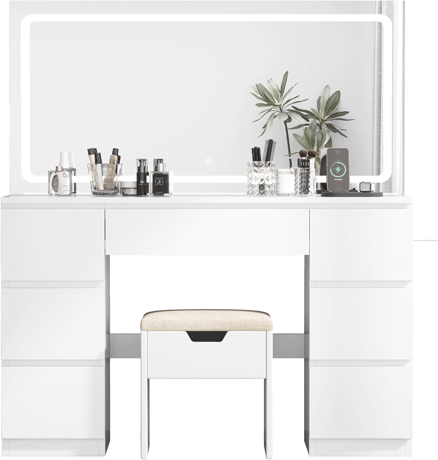 TRIUMPHKEY Coiffeuse avec Miroir et Tabouret Table de Maquillage avec Miroir LED Grand Format à Luminosité Réglable, 7 Tiroirs et Prise de Courant, Meuble de Maison, Blanc