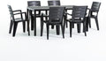 Ensemble repas de jardin ou d'extérieur pour 6 personnes anthracite effet bois, table rectangulaire en acier peint avec lattes en polyéthylène, 6 chaises empilables en polypropylène - Thomas & Anita