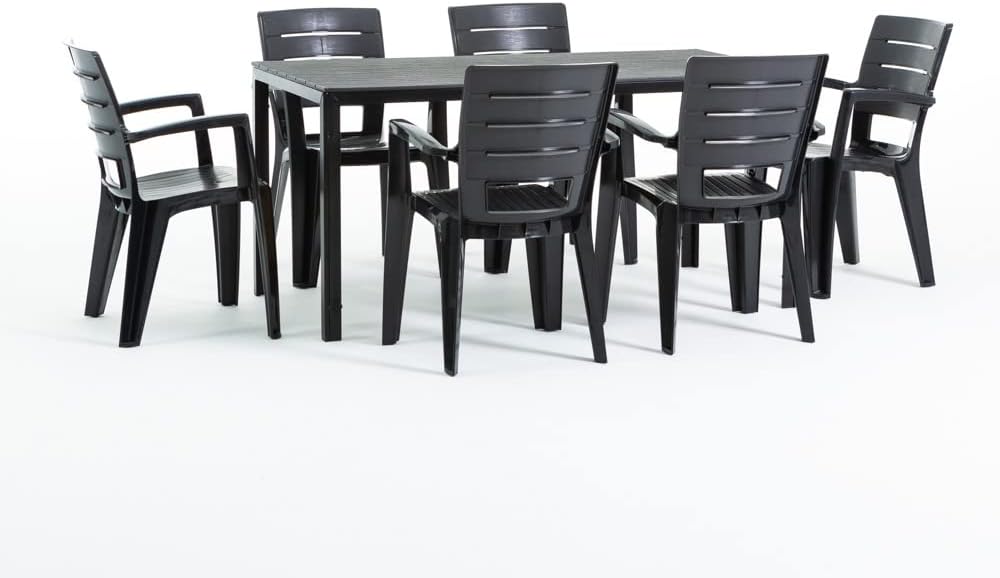 Ensemble repas de jardin ou d'extérieur pour 6 personnes anthracite effet bois, table rectangulaire en acier peint avec lattes en polyéthylène, 6 chaises empilables en polypropylène - Thomas & Anita