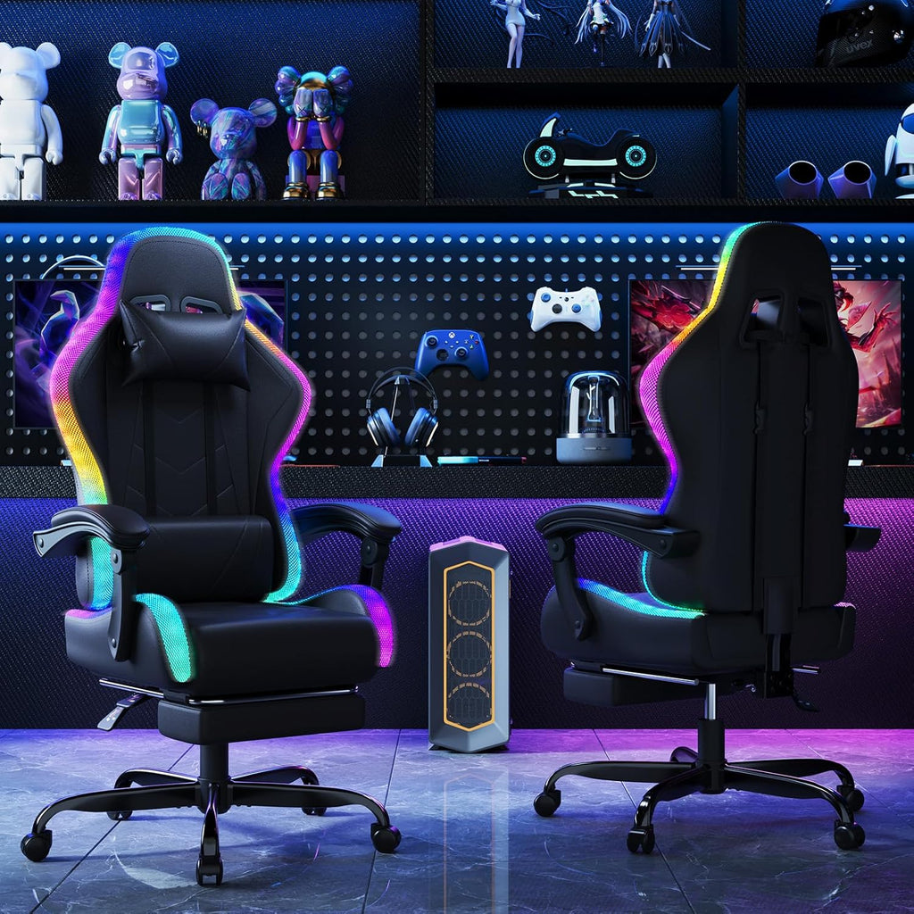 Devoko Chaise Gaming Ergonomique avec LED RGB, Massage Lombaire & Repose-Pieds – Fauteuil Gamer avec Appui-tête réglable – Dossier inclinable & Hauteur Ajustable – 180 kg – Noir