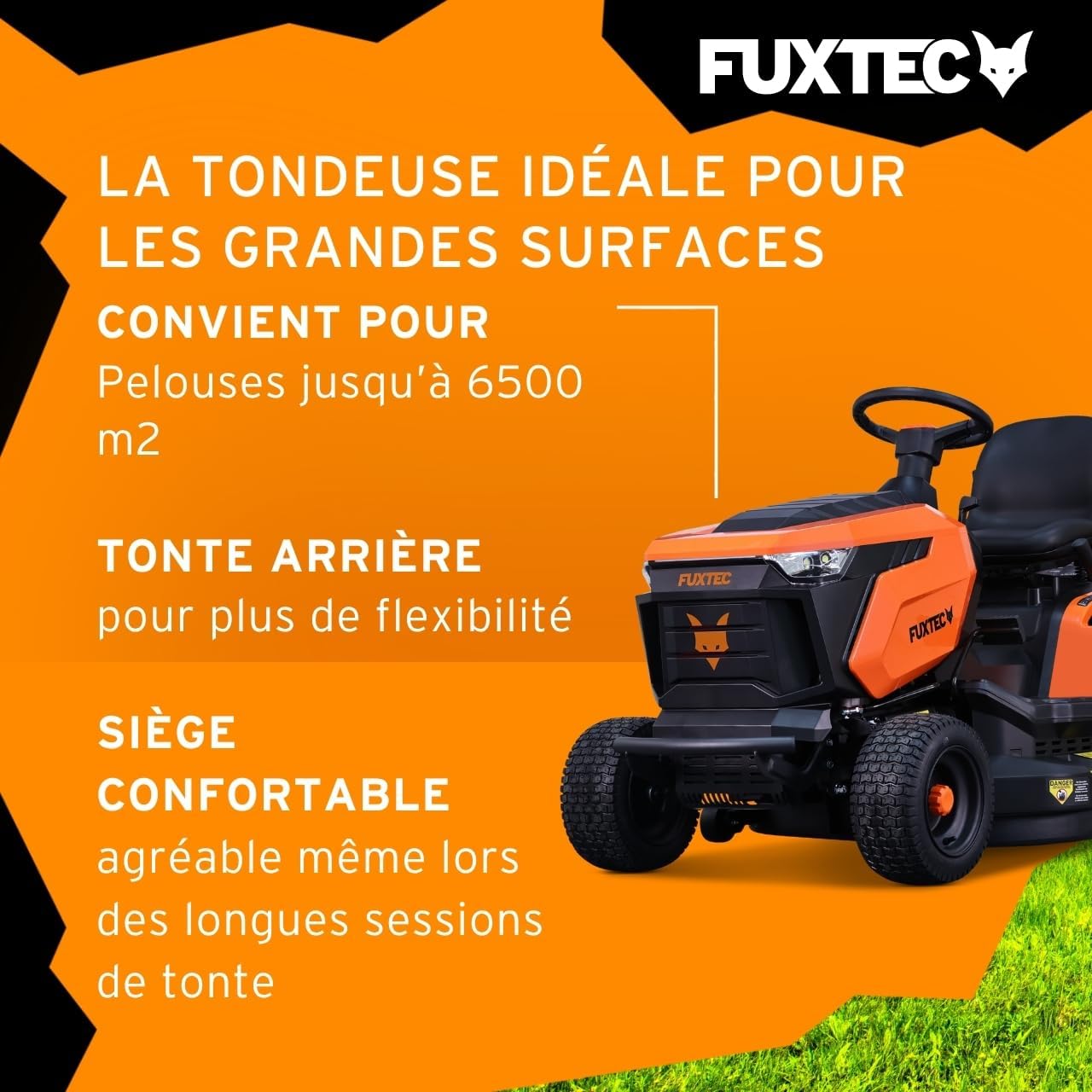 FUXTEC FX-RMT92A – Tondeuse autoportée hydrostatique – Tracteur de pelouse Essence 9,2 KW – Largeur de Coupe 92,5 cm – Bac 280 L – 6 hauteurs de Tonte – LED Automatique – Fonction Mulching intégrée
