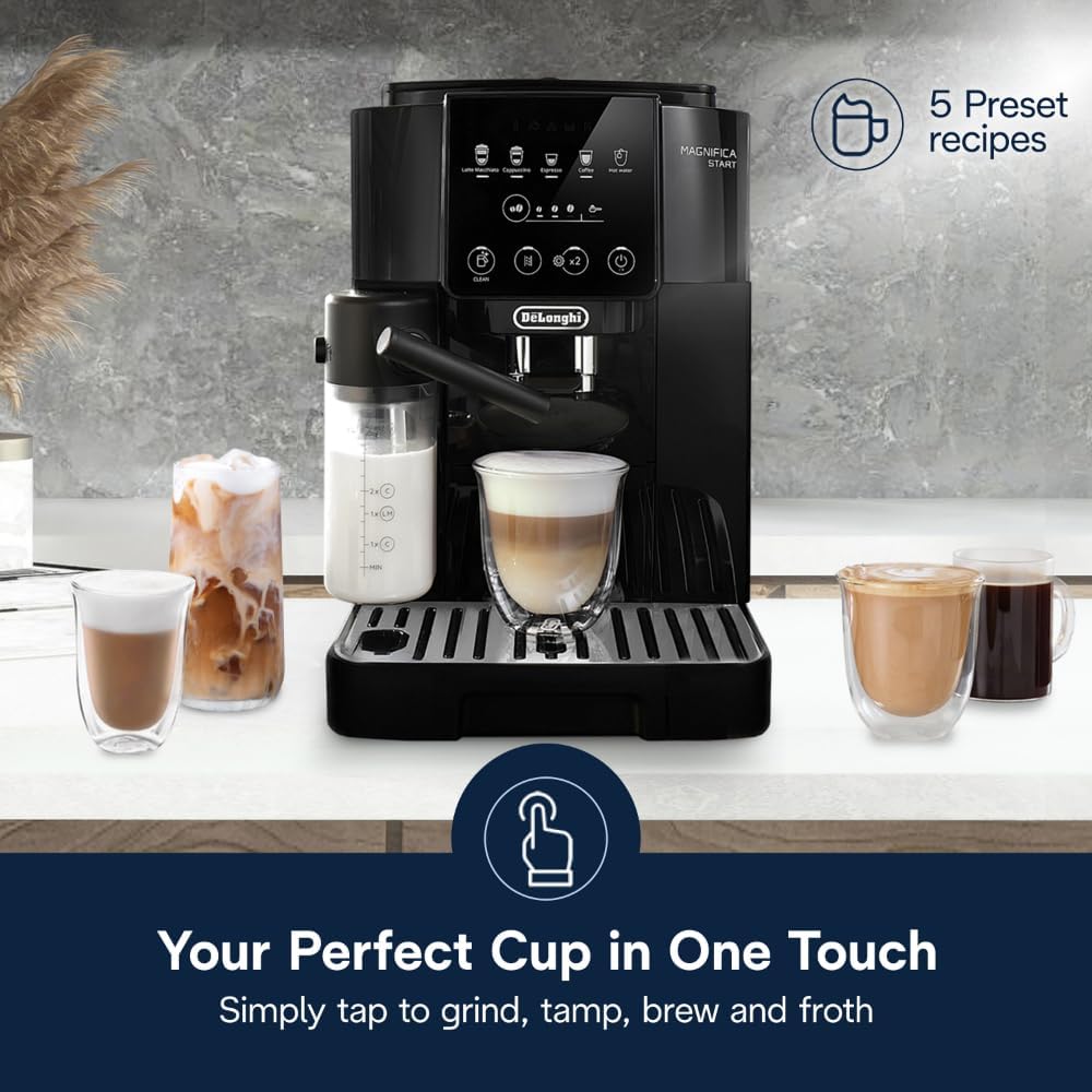 De'Longhi Magnifica Start Automatic Espresso Machine with Manual Milk Frother & Built in Grinder - 3 One-Touch Recipes, Easy-to-Clean, Home Barista Coffee Maker for Lattes, Cappuccino, Iced Coffee