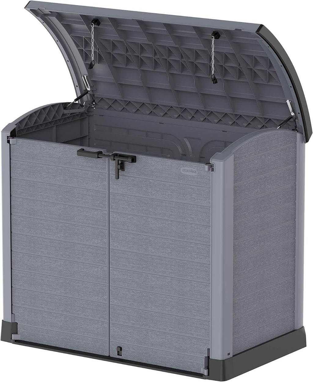 Duramax StoreAway 1200L Plastic Garden Shed/ Flat Lid, Outdoor Storage Shed, Wheelie Bin Hideaways, Wheelie bin box, Durable Construction, Ideal for Bikes, BBQs & 2x 240L Bins, 145x85x125 cm, Brown
