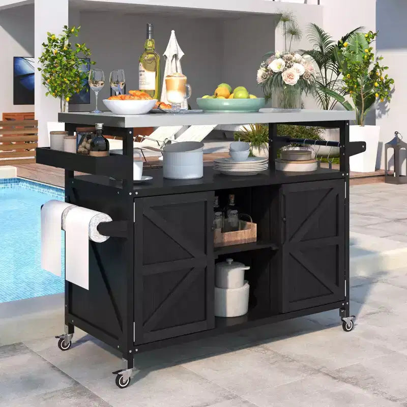 Okak Outdoor Kitchen Island with Stainless Steel Top, Wooden Kitchen Cart with Doors, Shelves and Spice Rack, Rolling Kitchen Island
