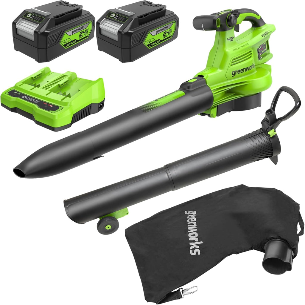 Greenworks 48V(24V x 2) Aspirateur Souffleur Sans fil de Feuilles à Batterie Bandoulière, Moteur Sans Balais, 386km/h, 14.73m³/min,Sac Mulching 45L, 2 Batteries 4Ah,Chargeur,Garantie 3 Ans BL48L421-01