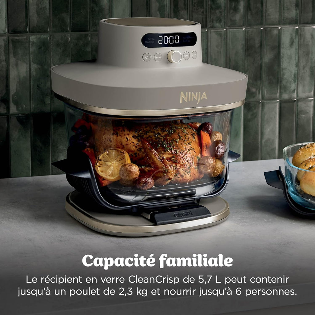 Ninja CRISPi PRO XL, Friteuse sans huile en verre, 5 modes de cuisson prédéfinis, avec contenants en verre CleanCrisp de 5,7 l et 2,3 l, couvercles de rangement, Stone/Or AS090EUSD