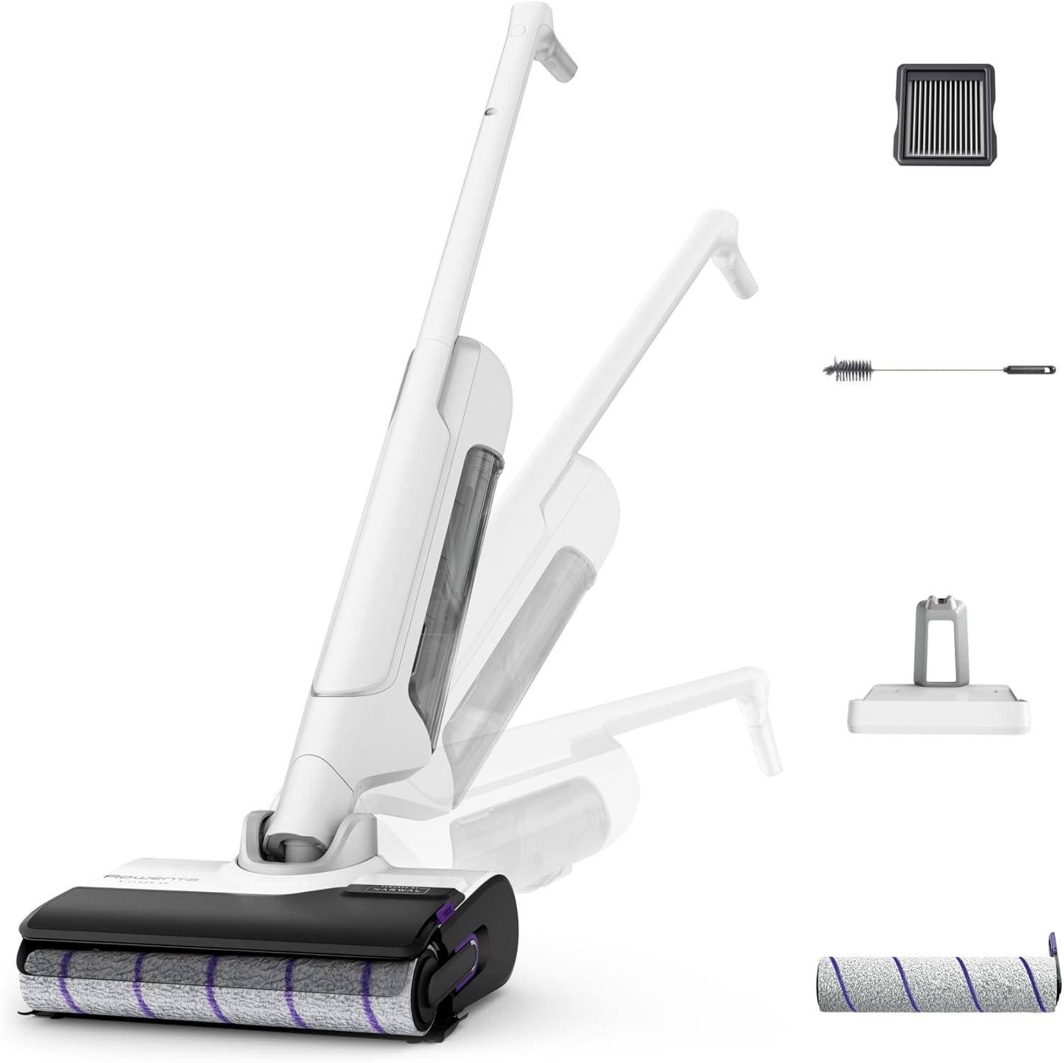 Rowenta X-Clean 10, Aspirateur Laveur sans Fil, Inclinable 180°, Auto-Nettoyage et séchage 65°C, 60min, pour tâches tenaces, Poils d’Animaux YY5785FE, Blanc