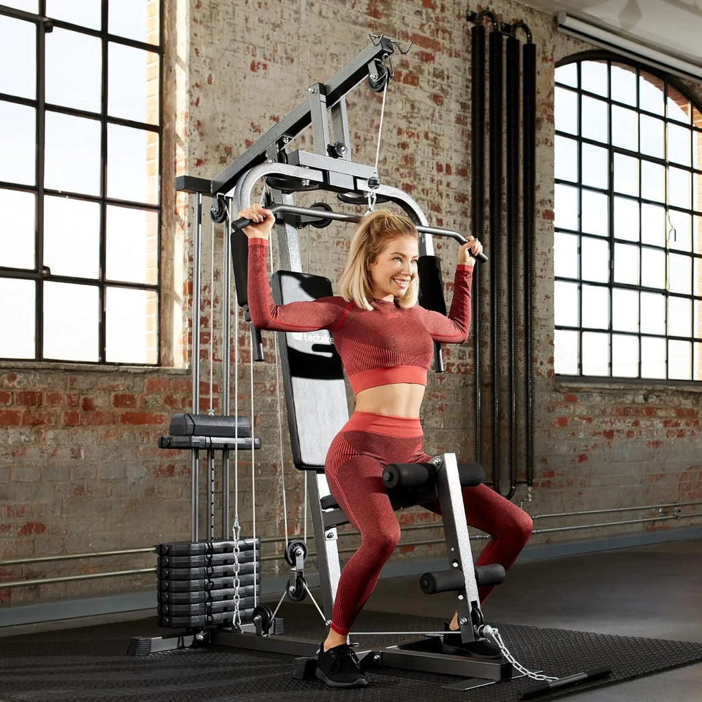 Tectake station musculation complète, cage traction, papillon, jambes, maison