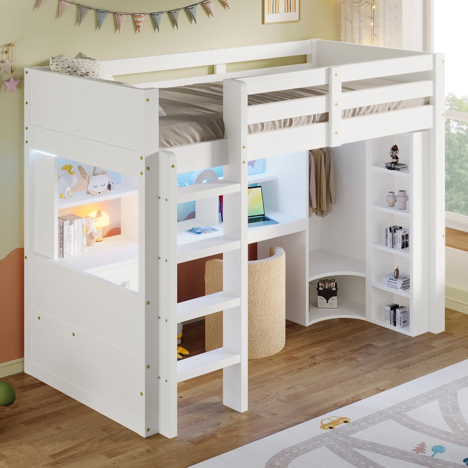 Lit Mezzanine 90x200 cm, Lit Superposé Enfant et Adulte avec Bureau, Lumières LED, Armoire, Échelle, 4 Tiroirs et Rangements, Blanc et Bois lit Mezzanine (90x200 cm)