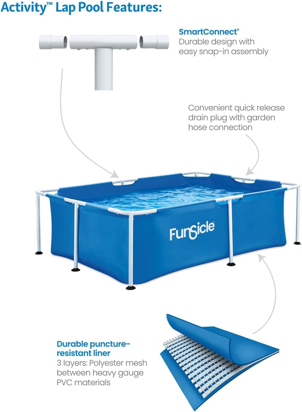 FUNSICLE Piscine Tubulaire rectangulaire 2,13 m x 1,52 m x 0,61 m