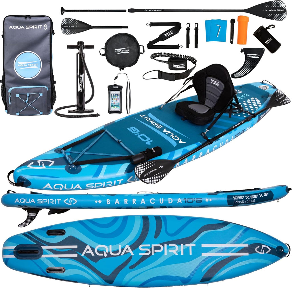 Aqua Spirit Sup Planche à pagaie Gonflable Stand Up 2023 3 m / 10 m / 10 m / 10/12 pi 6/15 pi / 18 po Kit Complet de Conversion de Kayak avec pagaie, Sac à Dos, Pompe et Autres Accessoires