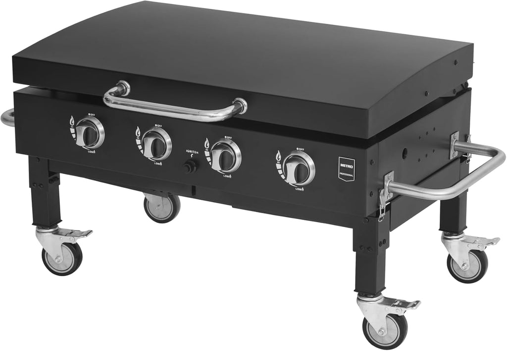 METRO PROFESSIONAL Barbecue Plancha à Gaz avec 4 Brûleurs Dayton, Acier Inoxydable, 14.8 kW, Allumage par Impulsion, 4 roulettes Pivotantes, Pliable, Noir