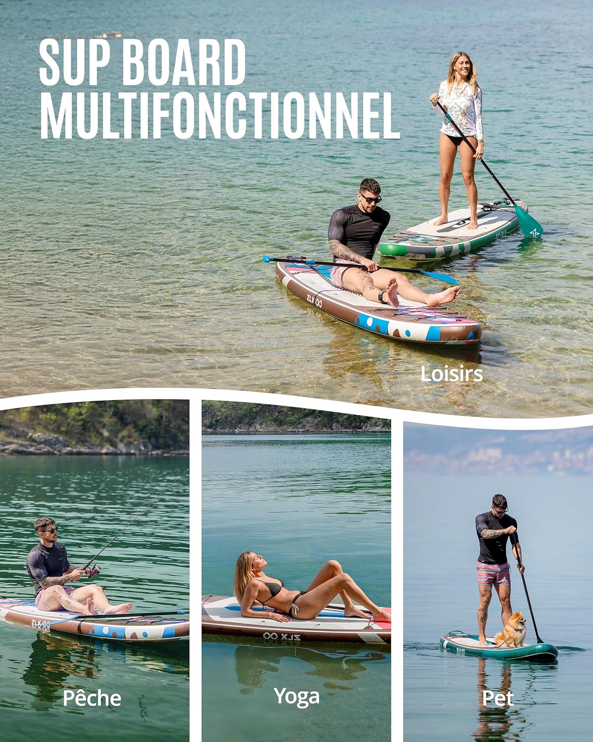 ZLX Paddle Gonflable Adulte 2 Place Stand up Paddle Gonflable avec Accessoires Sup Board pour Les Adolescents et Les Adultes de Tous Les Niveaux de compétence, Kayak/Bateau avec siège 10'6" x 33"