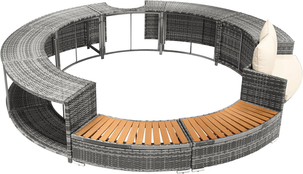 Spa Piscine Salon de Jardin Bordure de Piscine PE Gris Rotin et Bois d'acacia avec Espace de Rangement Salon Salon pour Jacuzzi et Piscine