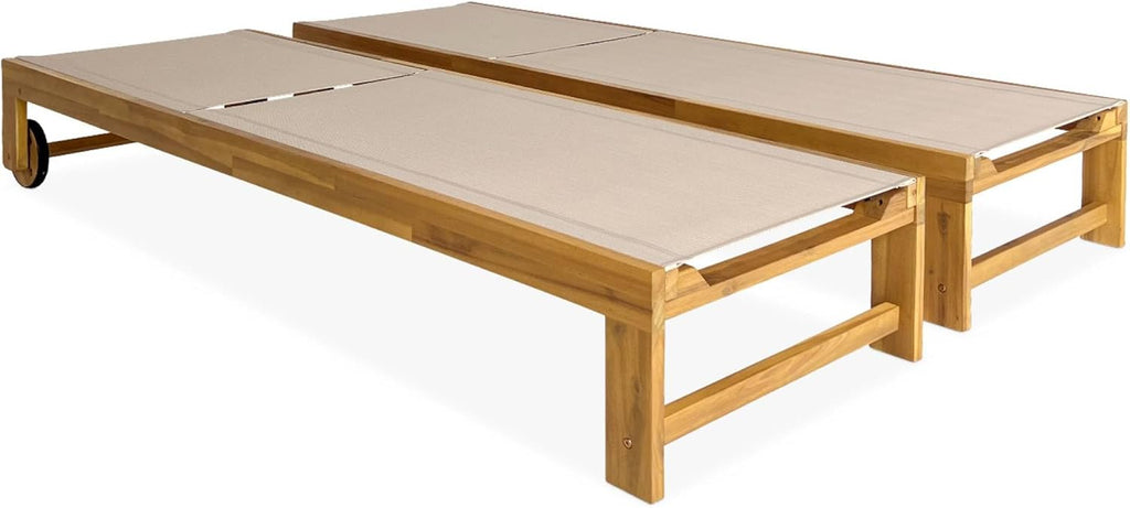 sweeek - Lot de 2 Bains de Soleil en Bois d'acacia et textilène Beige. Multi Positions avec roulettes