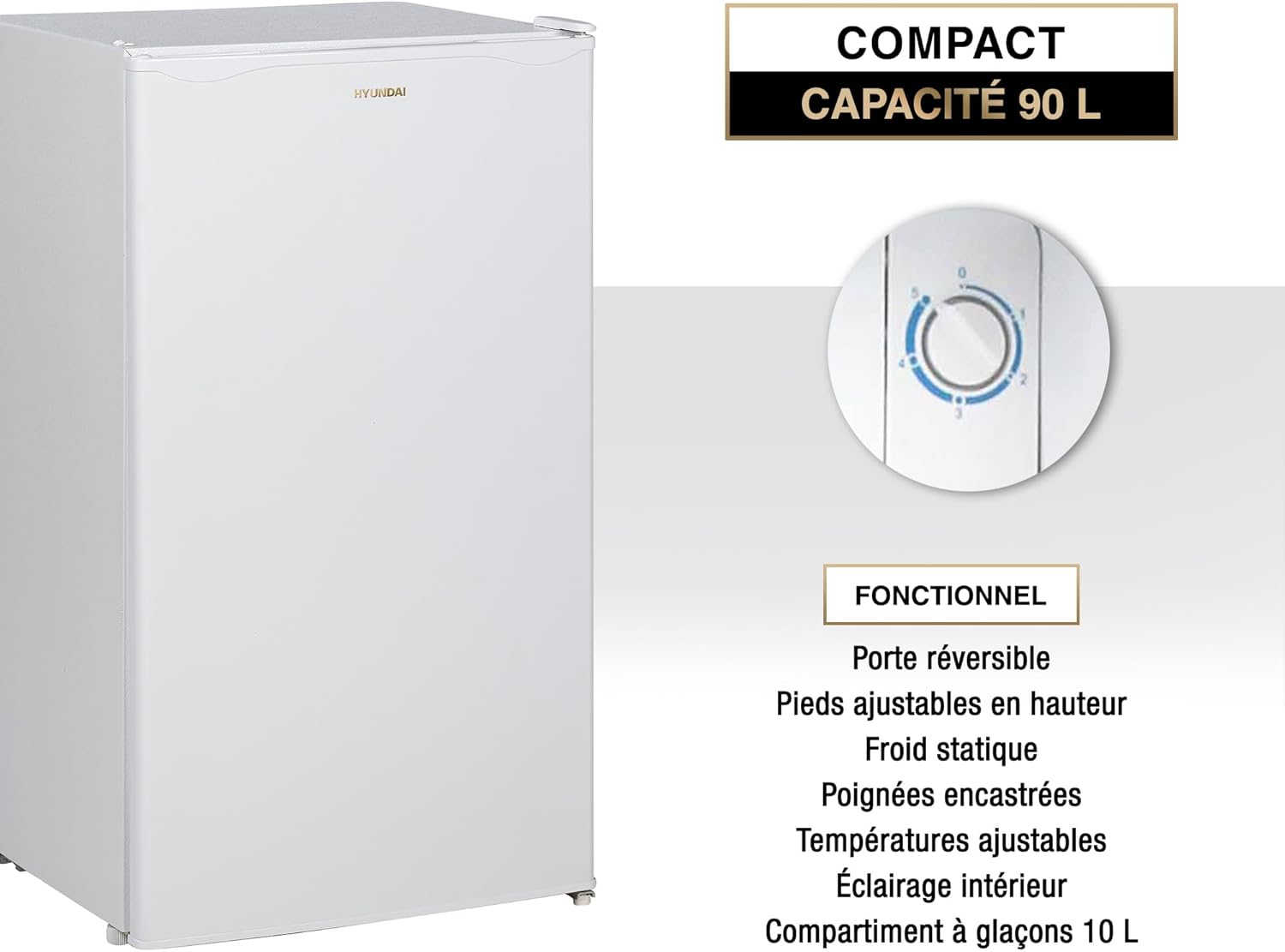 HYUNDAI Réfrigérateur Table Top 90 L Keep Fresh, Compact avec Freezer, Porte Réversible, 2 Clayettes Verre, Bac à Légumes, 41 dB (Blanc)