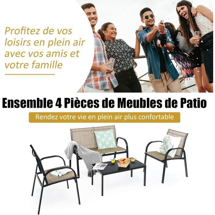 COSTWAY Ensemble Salon de Jardin 4 Places, 2 Fauteuils, 1 Canapé et 1 Table Basse en Verre, Tissu Respirant Anti-UV, Noir