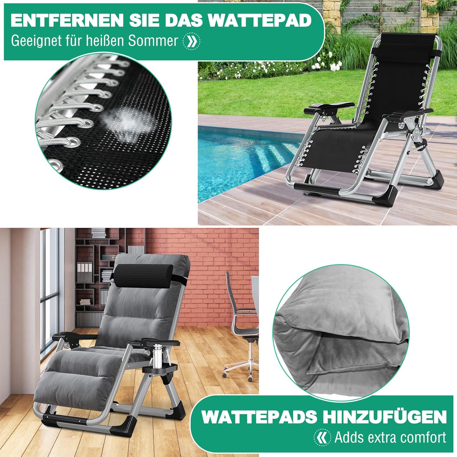 Chaise longue pliable, chaise de terrasse, capacité de charge 200 kg, chaise zéro gravité avec coussin de soutien, porte-boissons, chaise longue de jardin extra large réglable pour patio