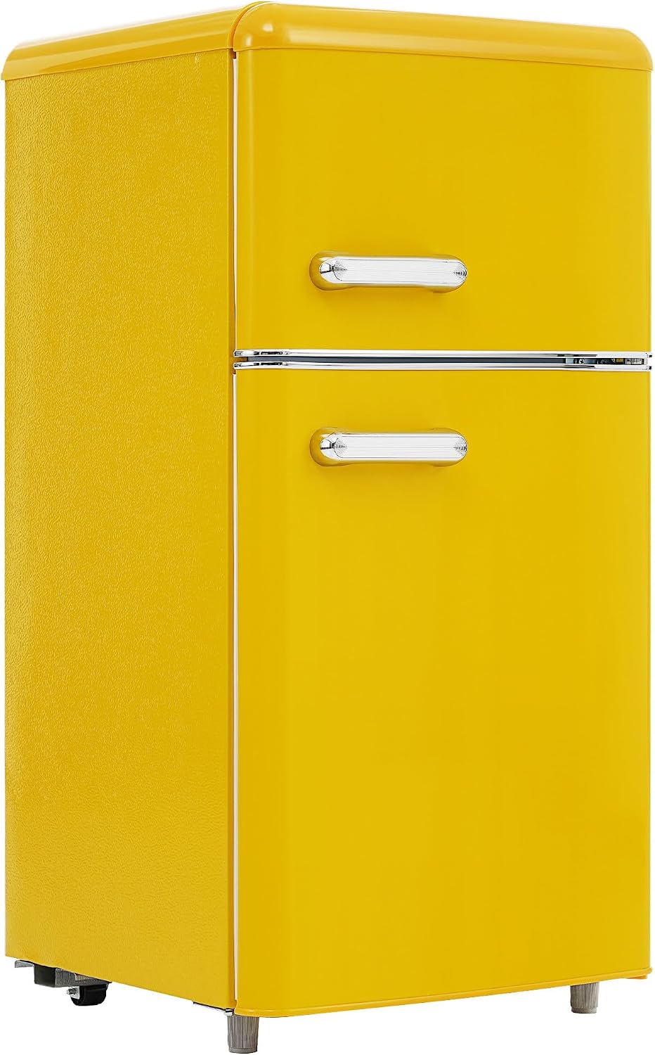 Réfrigérateur-congélateur Style rétro, Deux Portes, capacité Totale de 72 litres, Compartiment congélateur de 21 litres, consommation énergétique de 120 kWh/an, éclairage LED Yellow