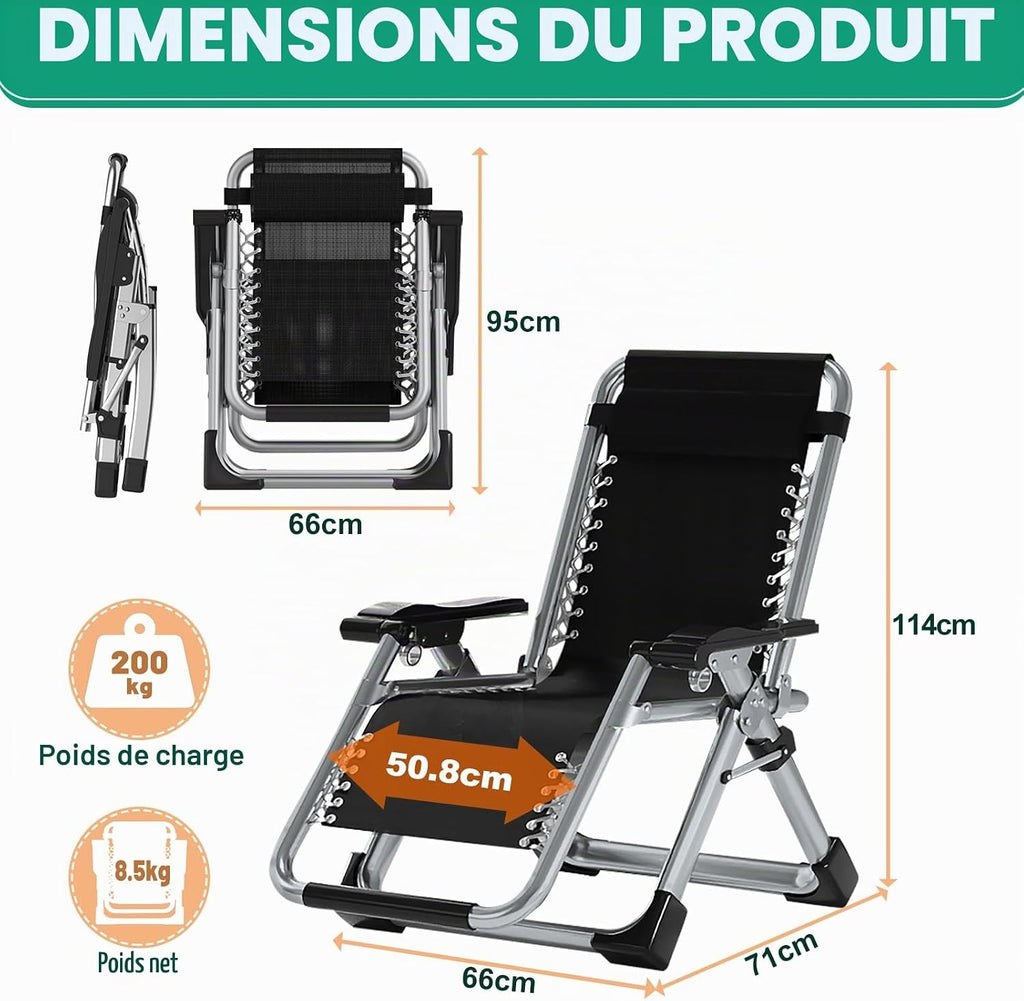 Chaise longue pliante, charge maximale de 200 kg, Zero Gravity Chair avec coussin, support pour gobelet, chaise longue de jardin réglable extra large pour terrasse, jardin, plage, piscine
