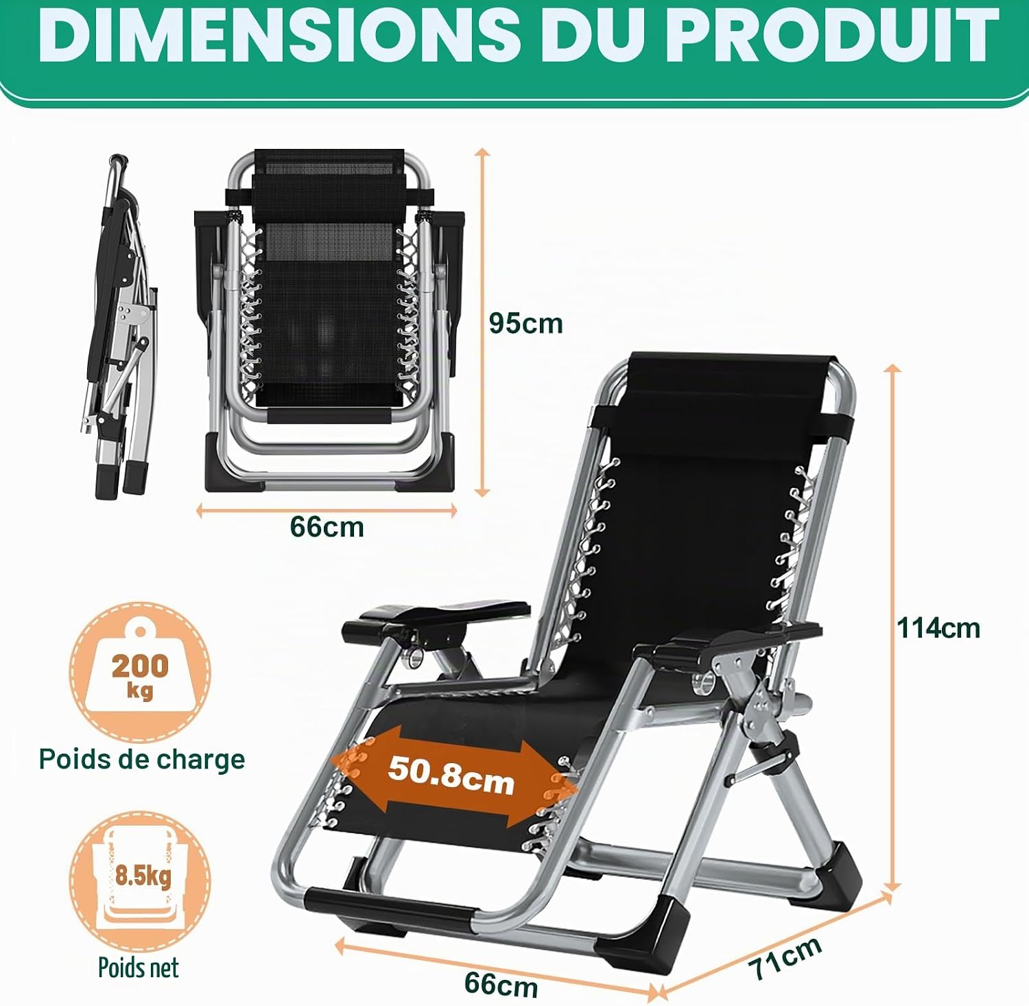 Chaise longue pliante, charge maximale de 200 kg, Zero Gravity Chair avec coussin, support pour gobelet, chaise longue de jardin réglable extra large pour terrasse, jardin, plage, piscine