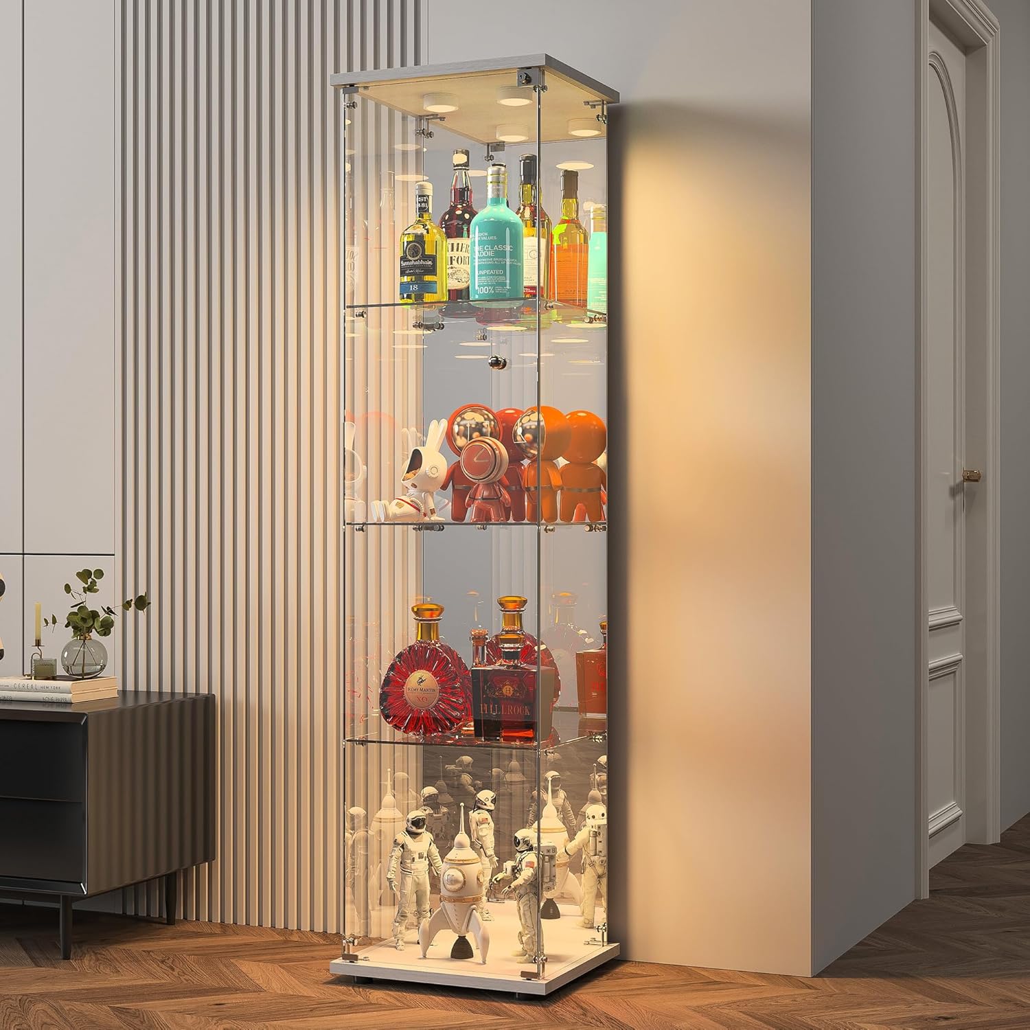Vitrine sur pied en verre à 4 couches - 1 porte - Lampe LED et serrure avec paroi arrière miroir - Armoire de salon pour objets de collection et livres - Blanc