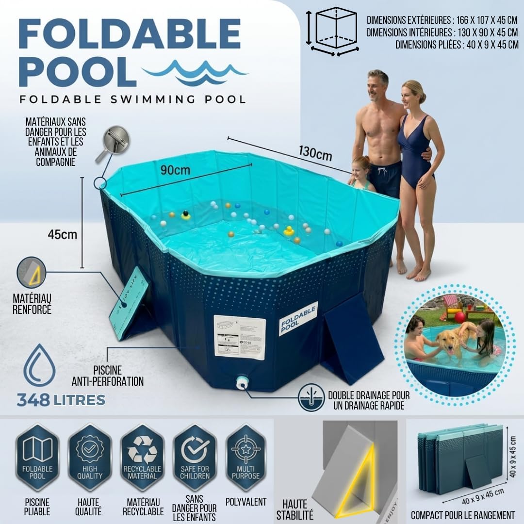 INDUSTEX Piscine Pliable Foldable Pool, Piscine pour Enfants et Adultes Portable, Piscine Amovible, Baignoire, Piscine Jouet, Piscine pour Animaux de compagnies (130 x 90 x 45 cm)