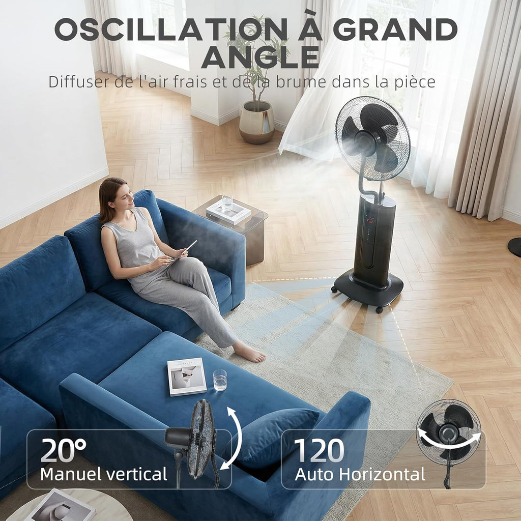 HOMCOM Ventilateur brumisateur 100 W à ionisation négative, ventilateur sur pied 130 cm, oscillation à 120°, 3 vitesses, 3 modes, réservoir d'eau 1,5 L, télécommande, minuterie 9h, roulettes, noir