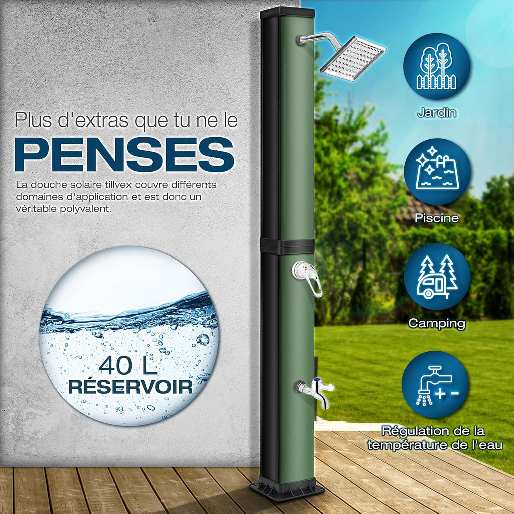 tillvex Douche Solaire avec Capot de Protection | Douche de Jardin Eau Chaude | Douche de Piscine Camping | sans raccordement électrique (Noir/Vert, 40 litres)