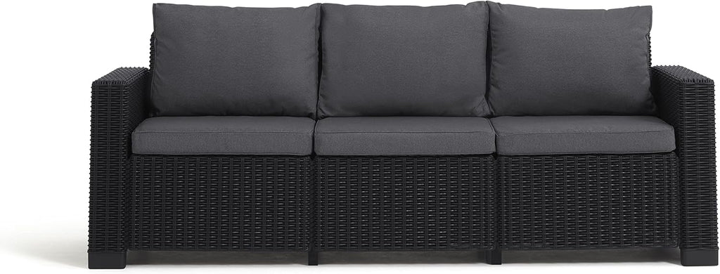 Allibert by Keter California Canapé de Jardin 3 Places avec Coussins d'assise et de Dossier, en Plastique, Aspect rotin, Rond, Graphite/Gris Froid, 199 x 68 x 72 cm