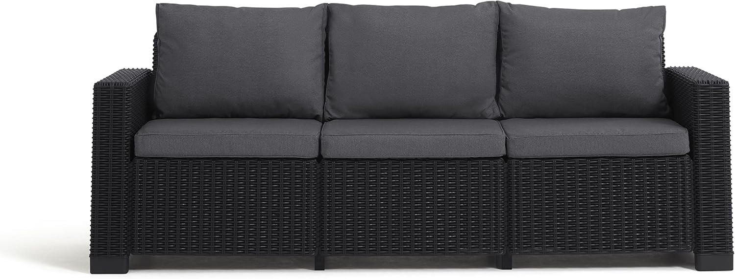 Allibert by Keter California Canapé de Jardin 3 Places avec Coussins d'assise et de Dossier, en Plastique, Aspect rotin, Rond, Graphite/Gris Froid, 199 x 68 x 72 cm
