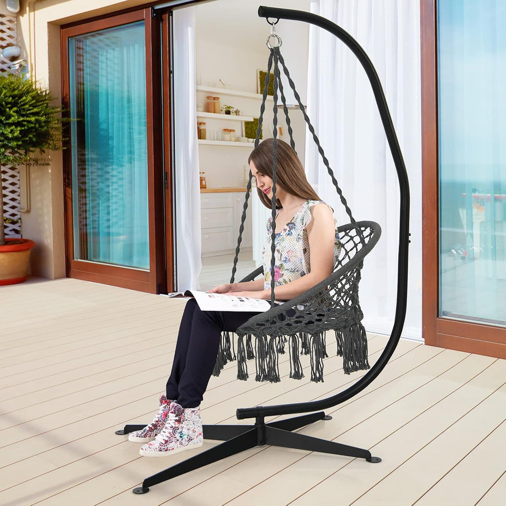 GIANTEX Support Fauteuil Suspendue Structure Métallique Robuste, pour Fauteuil Hamac Suspendu d'Intérieur et d'Extérieur/Balançoire Nid d'Oiseau, Charge de 150 kg, 111 x 84 x 207 cm, Noir