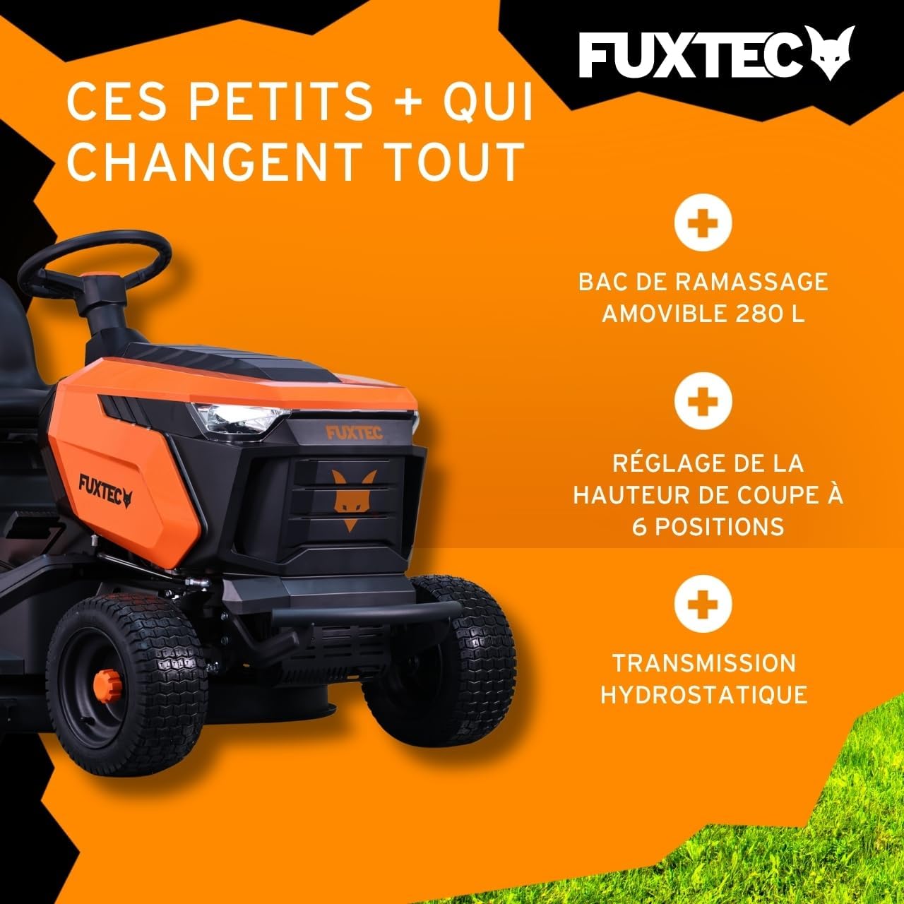 FUXTEC FX-RMT92A – Tondeuse autoportée hydrostatique – Tracteur de pelouse Essence 9,2 KW – Largeur de Coupe 92,5 cm – Bac 280 L – 6 hauteurs de Tonte – LED Automatique – Fonction Mulching intégrée