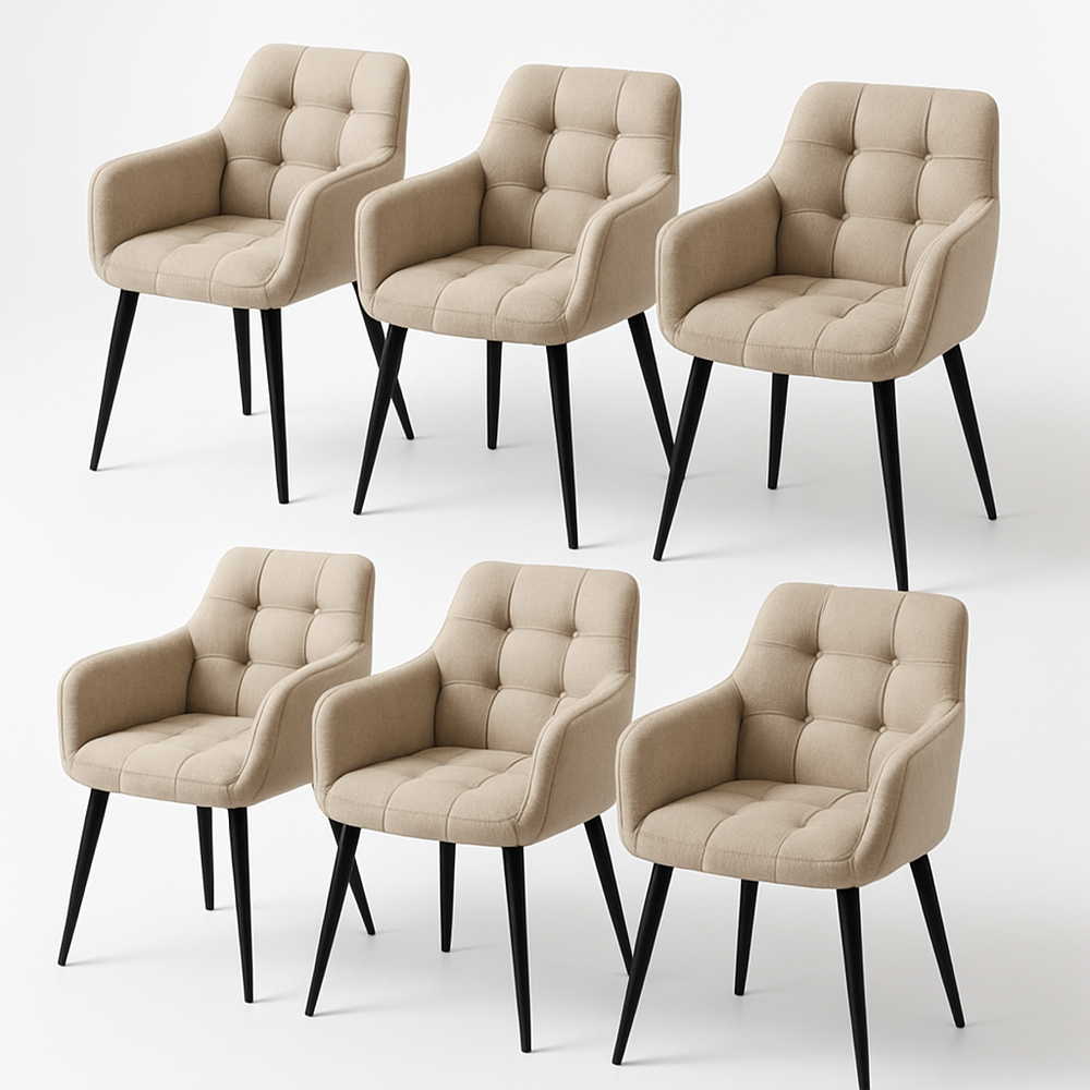 Lot de 6 chaises de salle à manger rembourrées en tissu beige avec pieds en métal noir