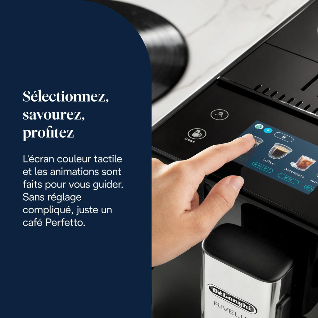 De’Longhi Rivelia - Perfetto Machine à Café Automatique, Mousseur à Lait Classique, 8 Boissons Enregistrées, Écran Tactile Couleur, Réservoir à Grains de Café Interchangeables, Noir (EXAM440.35.B)
