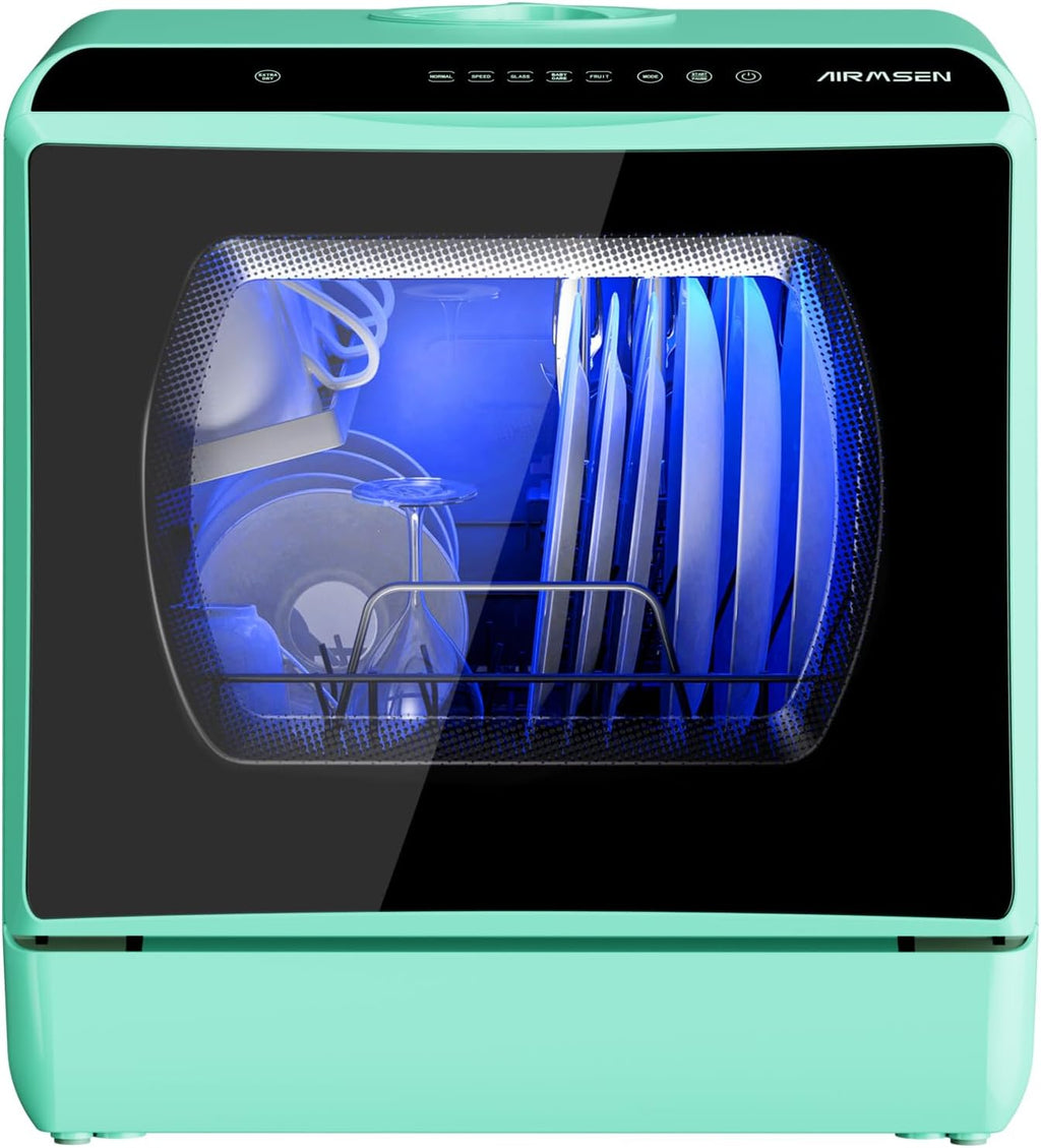 AIRMSEN Mini Lave-Vaisselle de Comptoir, 5+1 Programmes, Réservoir d'Eau de 5L, Contrôle Tactile et Écran LED, Adapté pour les Cuisines Familiales, Appartements et Dortoirs, Vert